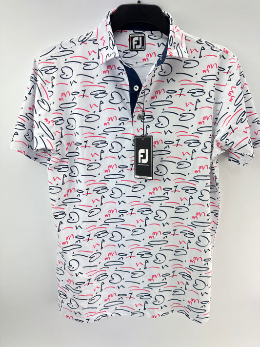 Footjoy Golf Polo Course Doodle Mens UK Medium /White /New /25264