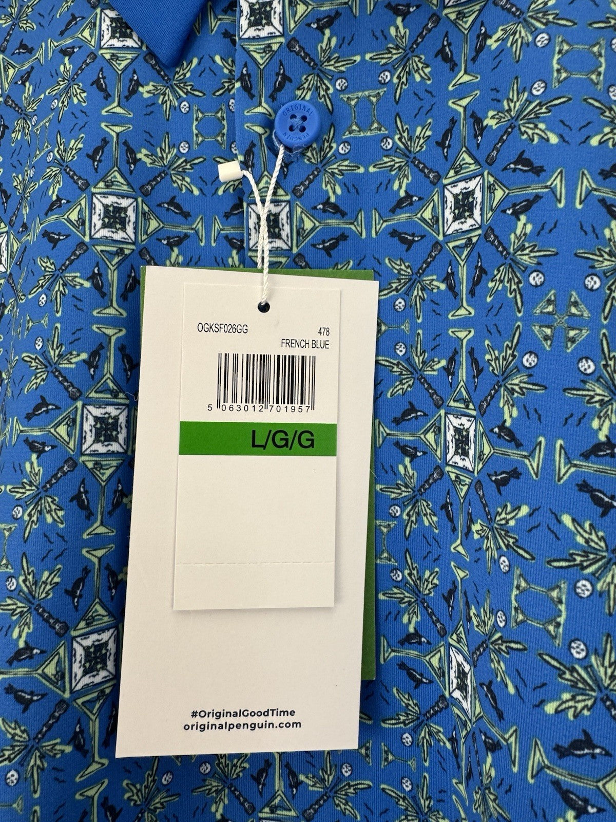 Men’s Original Penguin All Over Cocktail Golf Polo Size Large/ French Blue/3528812