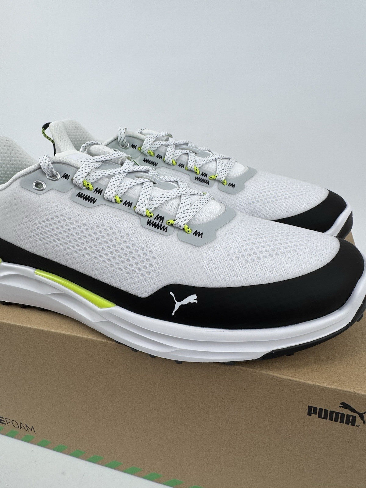 Puma IGNITE Elevate X Golf Shoes Mens Size UK 9 White Black Safety Yellow/318495