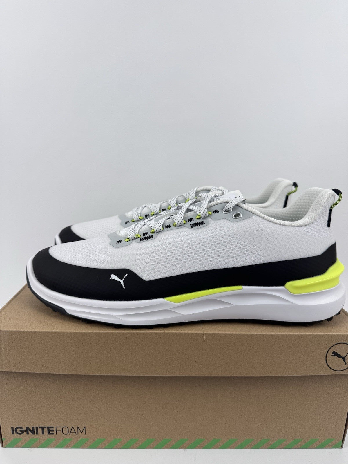 Puma IGNITE Elevate X Golf Shoes Mens Size UK 8 White Black Safety Yellow/321570