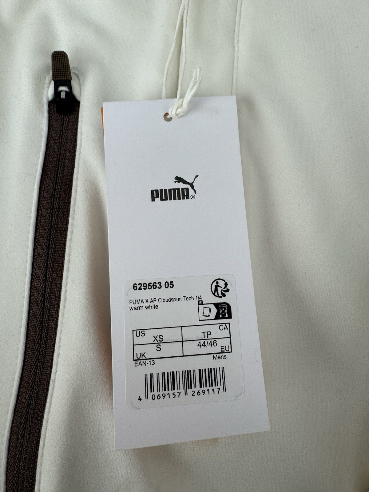 Puma X AP Cloudspun Tech 1/4 Zip Men's Pullover Size Small Warm White/365096