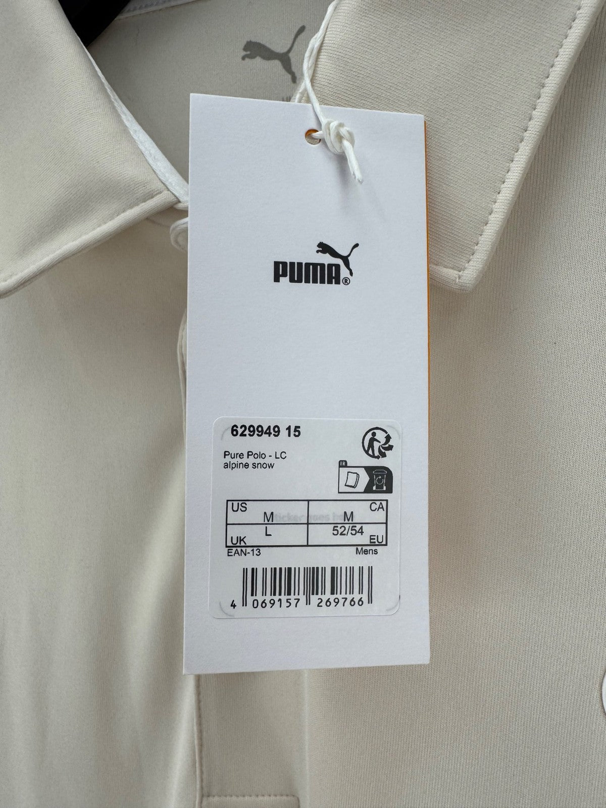 Puma Pure Polo LC Men's Size Large Light Beige Alpine Snow Golf Shirt/365061