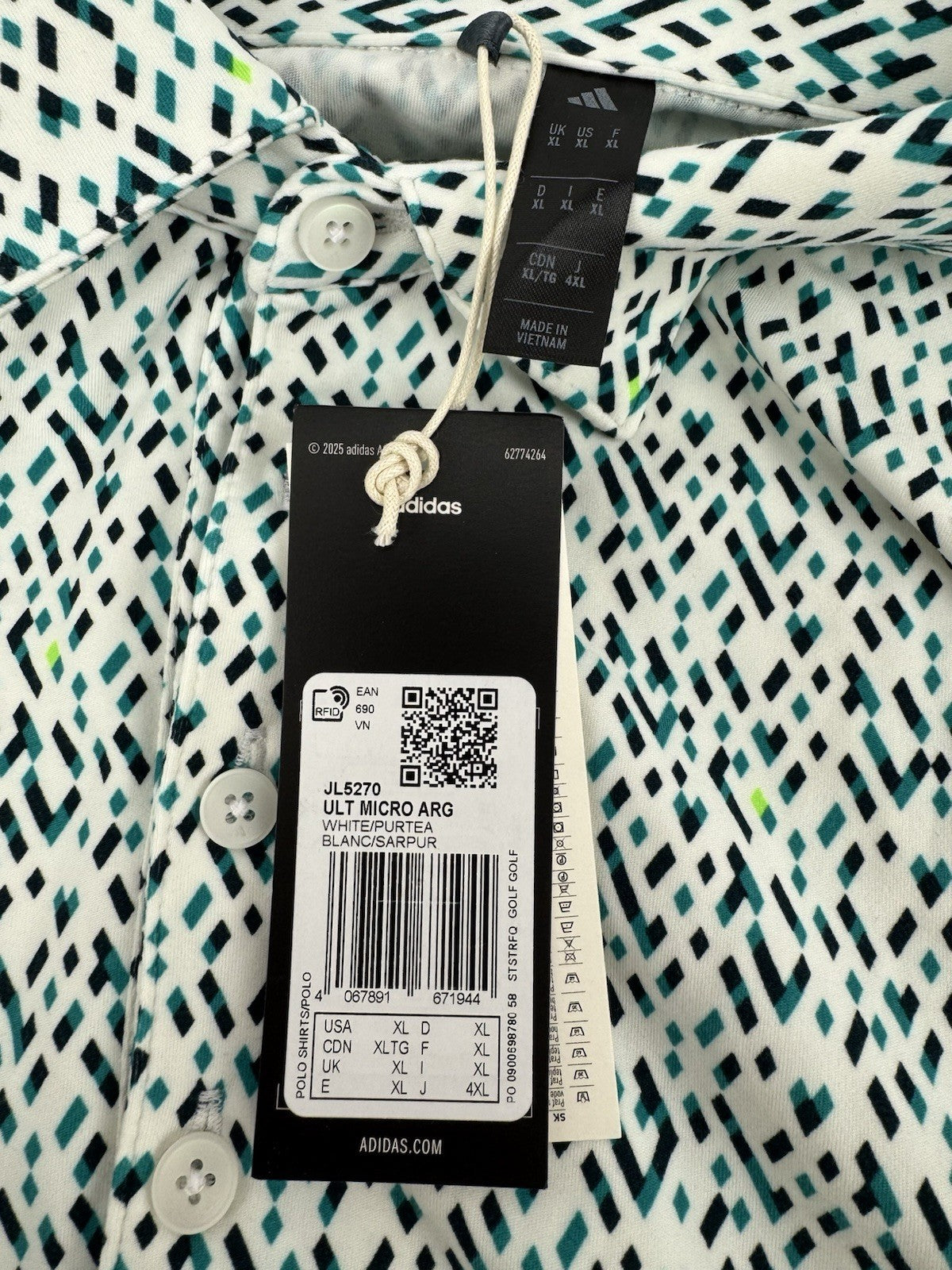 Adidas JL5270 Ultimate365 Micro Argyle Polo Shirt Mens Size XL White/3278011
