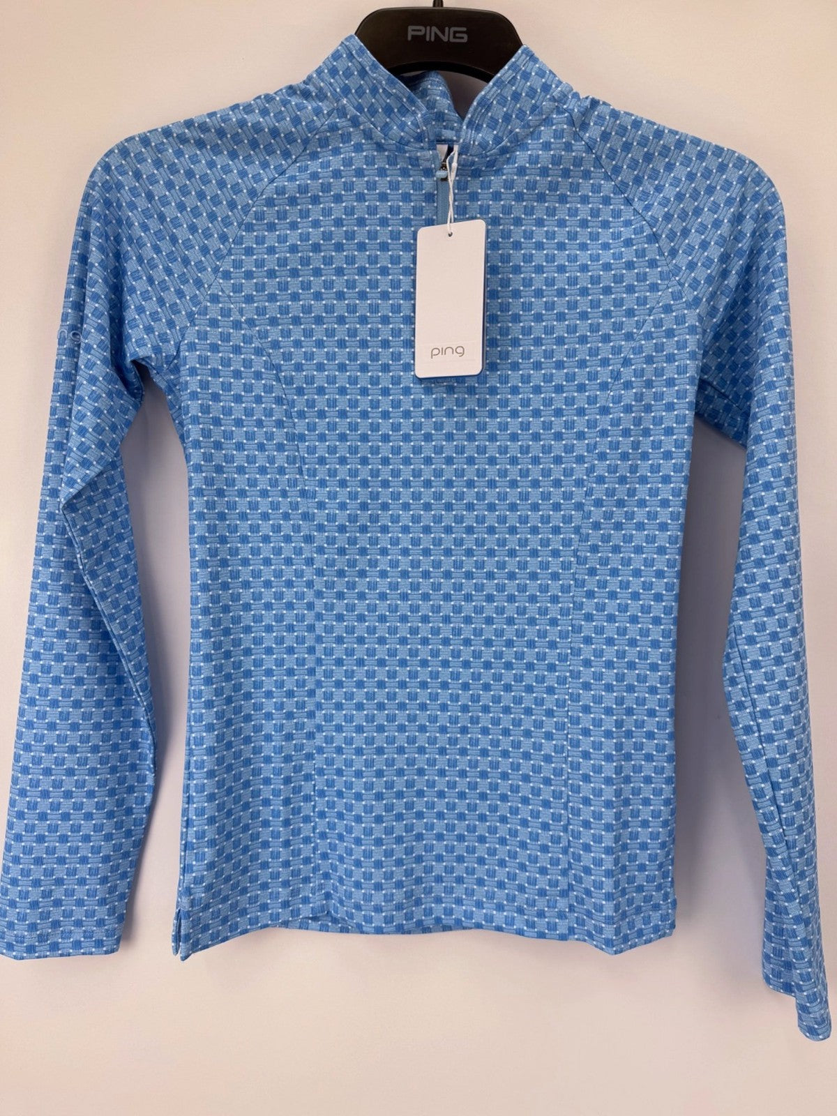 Ping Arwen Azure Geo Golf Top Women's Size UK 8 Light Blue Long Sleeve/373790