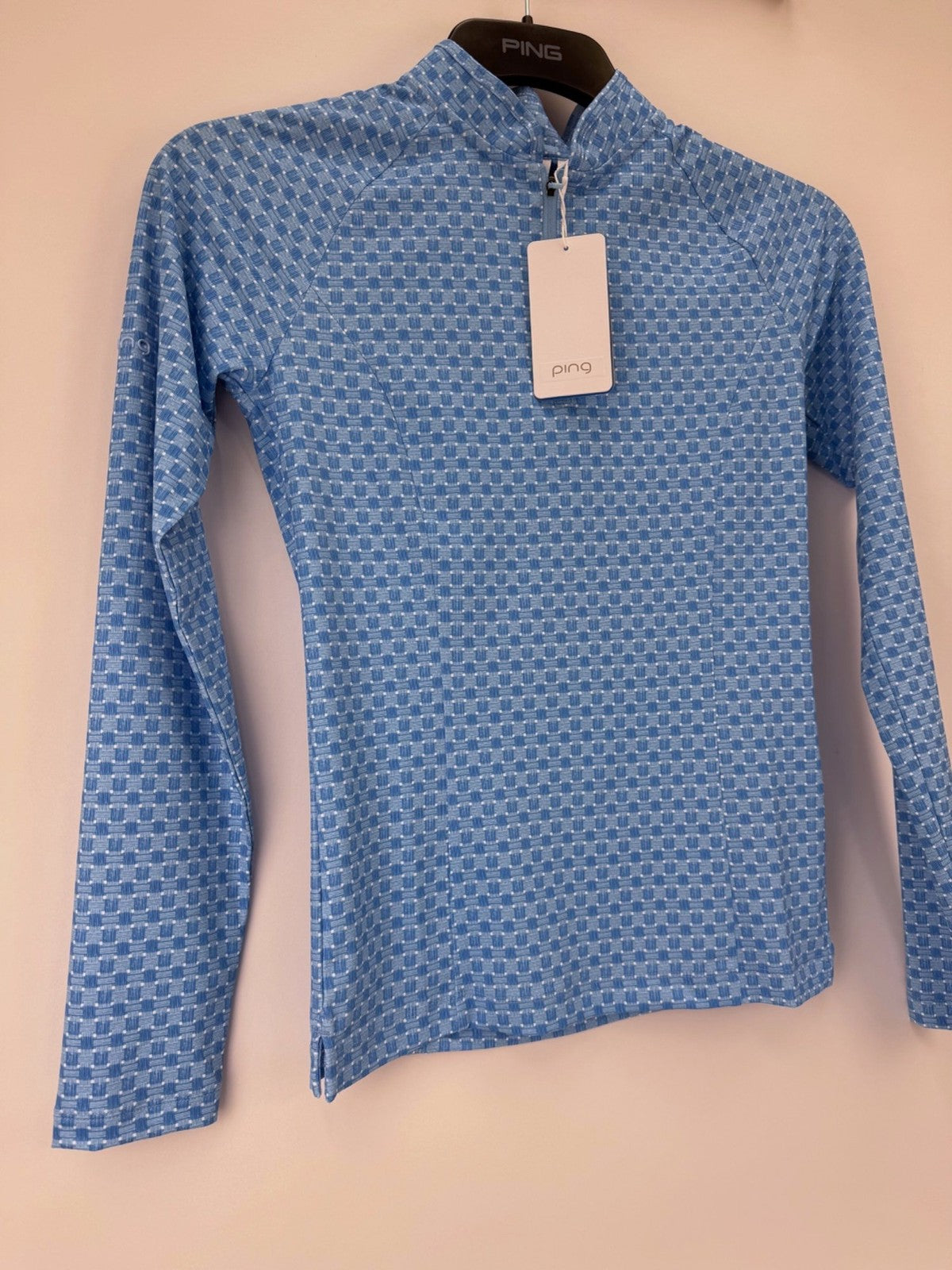 Ping Arwen Azure Geo Golf Top Women's Size UK 8 Light Blue Long Sleeve/373793