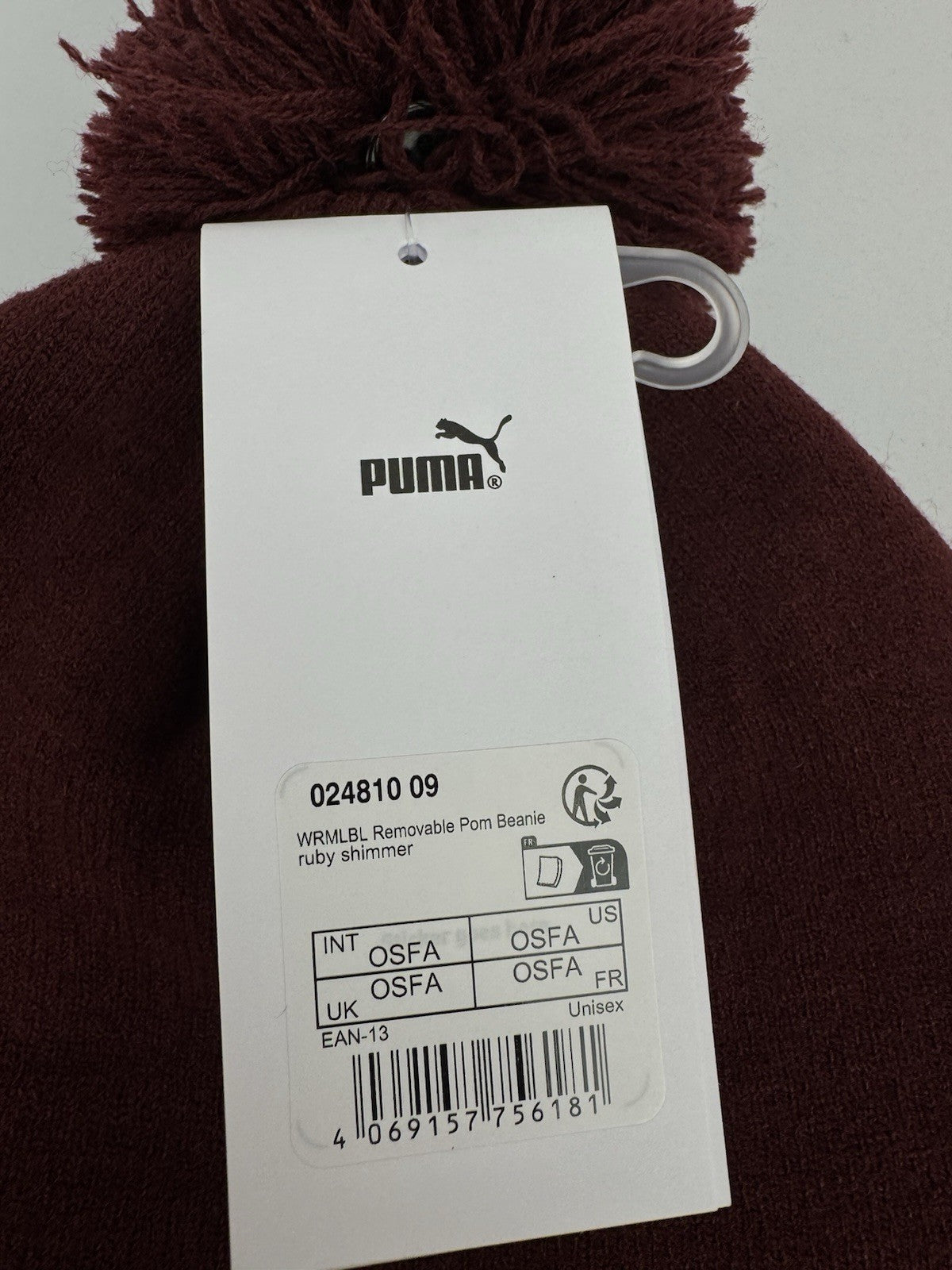 Puma WRMLBL Removable Pom Golf Beanie Ruby Shimmer One Size/ 329993