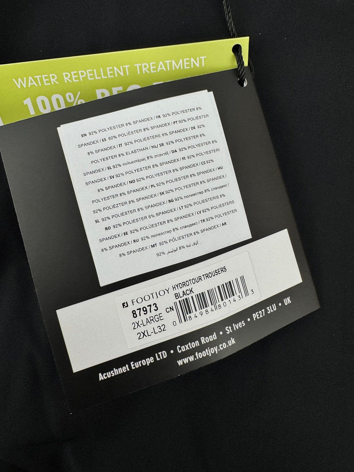 FootJoy HydroTour Trousers Men's 2XL Black Water Repellent Golf Pants/334451