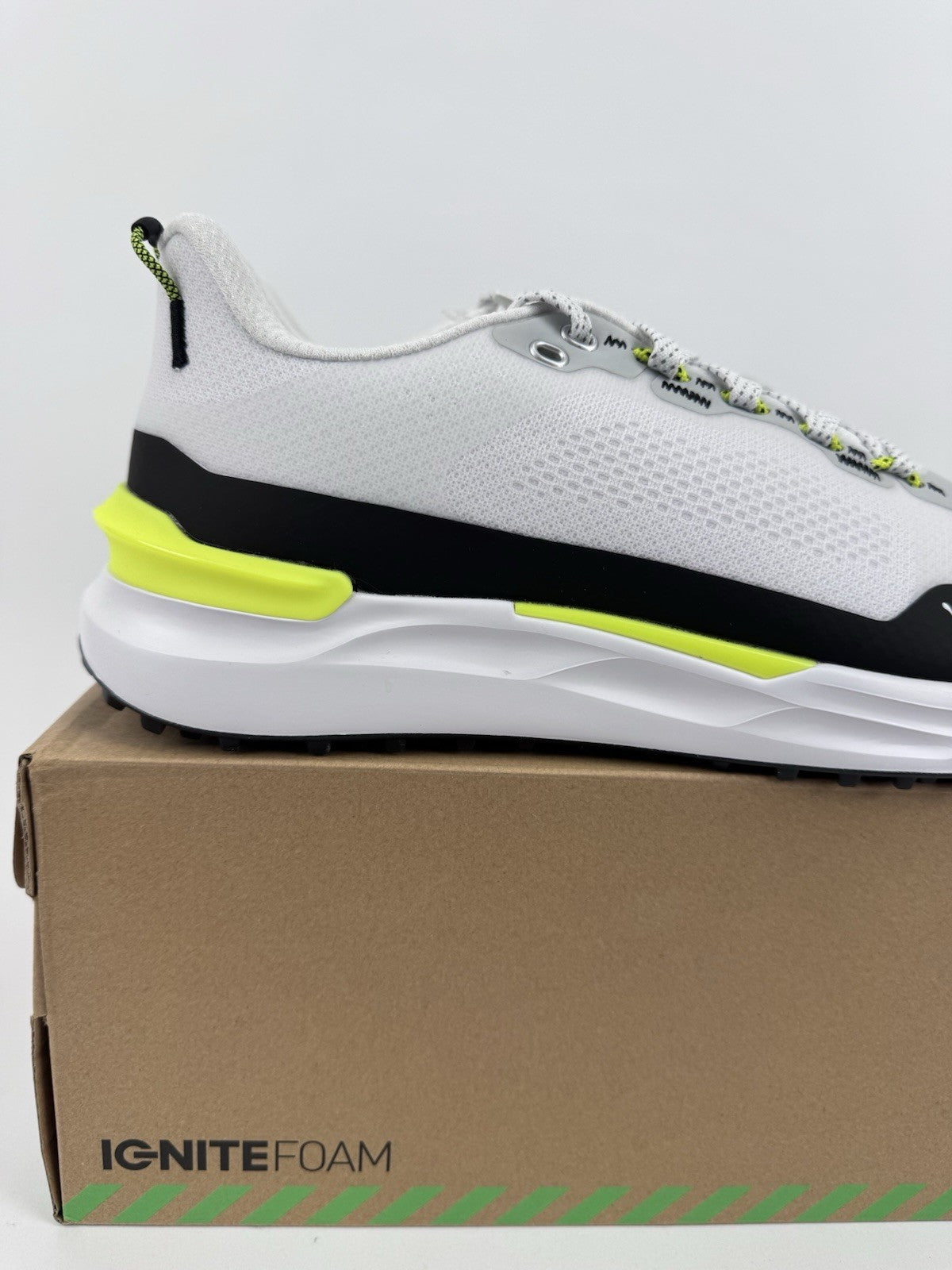 Puma IGNITE Elevate X Golf Shoes Mens Size UK 9 White Black Safety Yellow/318488