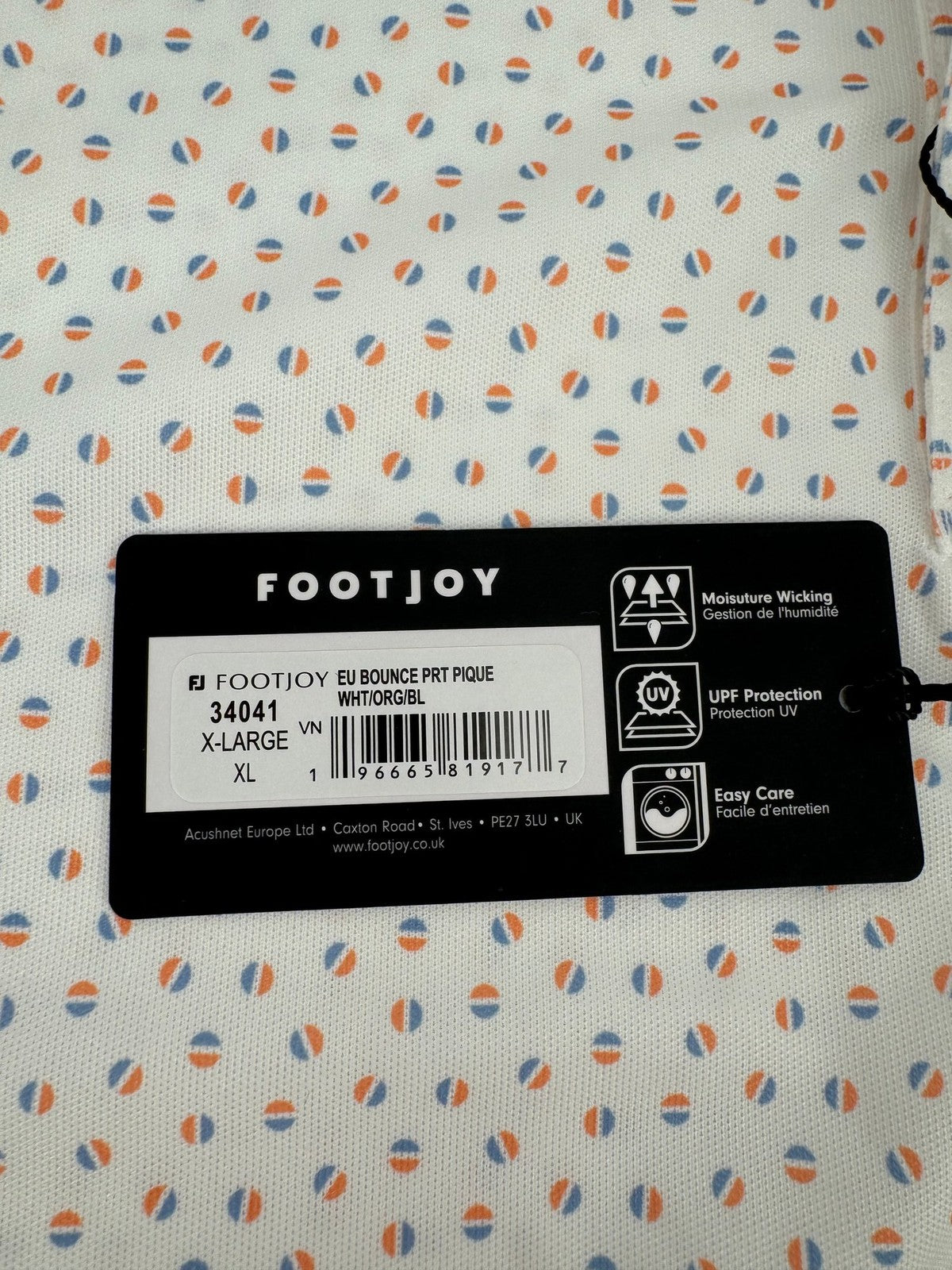 FootJoy Bounce Print Pique Mens Golf Polo Shirt Size XL White Orange Blue/330442