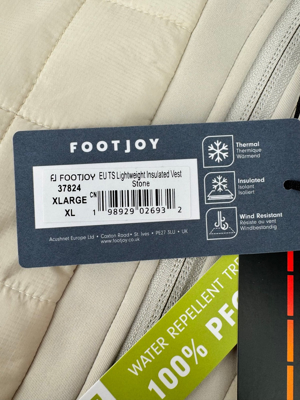 FootJoy ThermoSeries Lightweight Insulated Golf Vest Men's Size XL Stone/334502