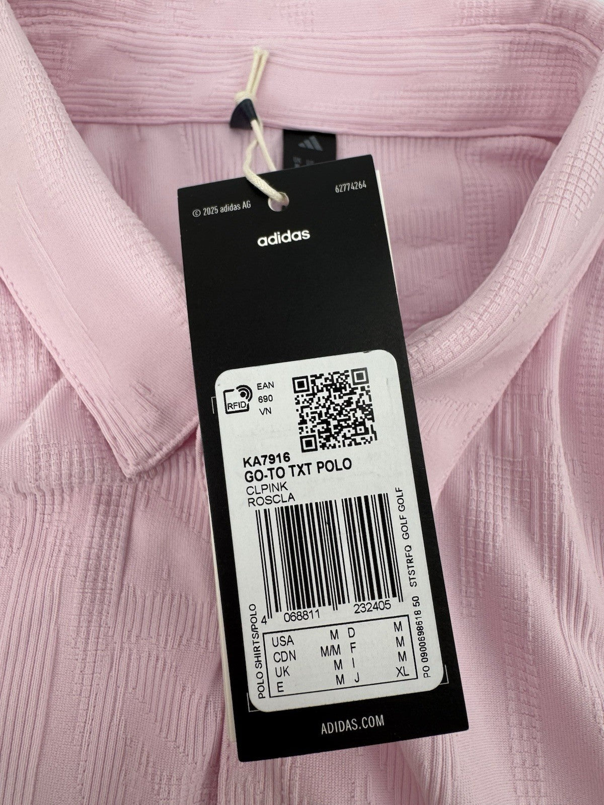 Adidas Go-To Textured Golf Polo Men's Size Medium Clear Pink Short Sleeve/329358