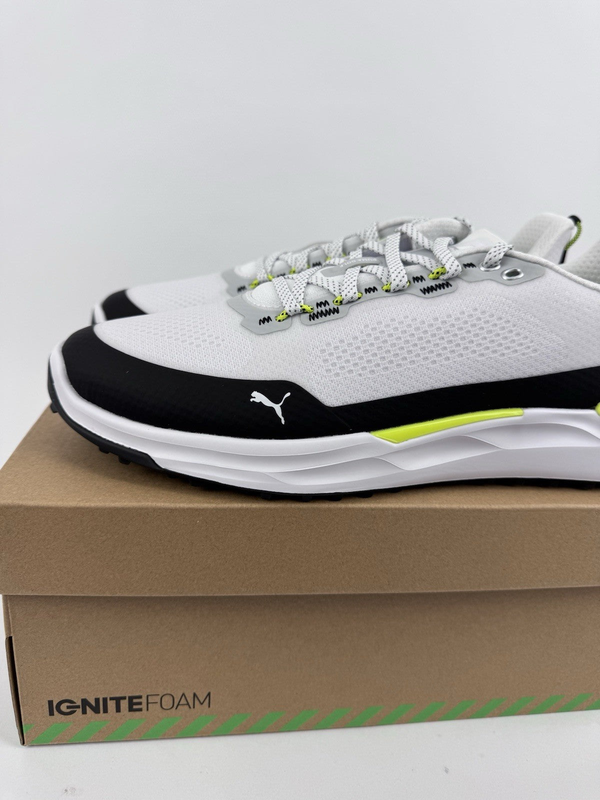 Puma IGNITE Elevate X Golf Shoes Mens Size UK 9 White Black Safety Yellow/318481