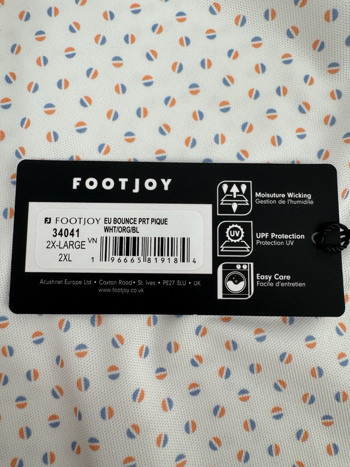 FootJoy Bounce Print Pique Mens Golf Polo Shirt Size 2XL White Orange Blue/3304611