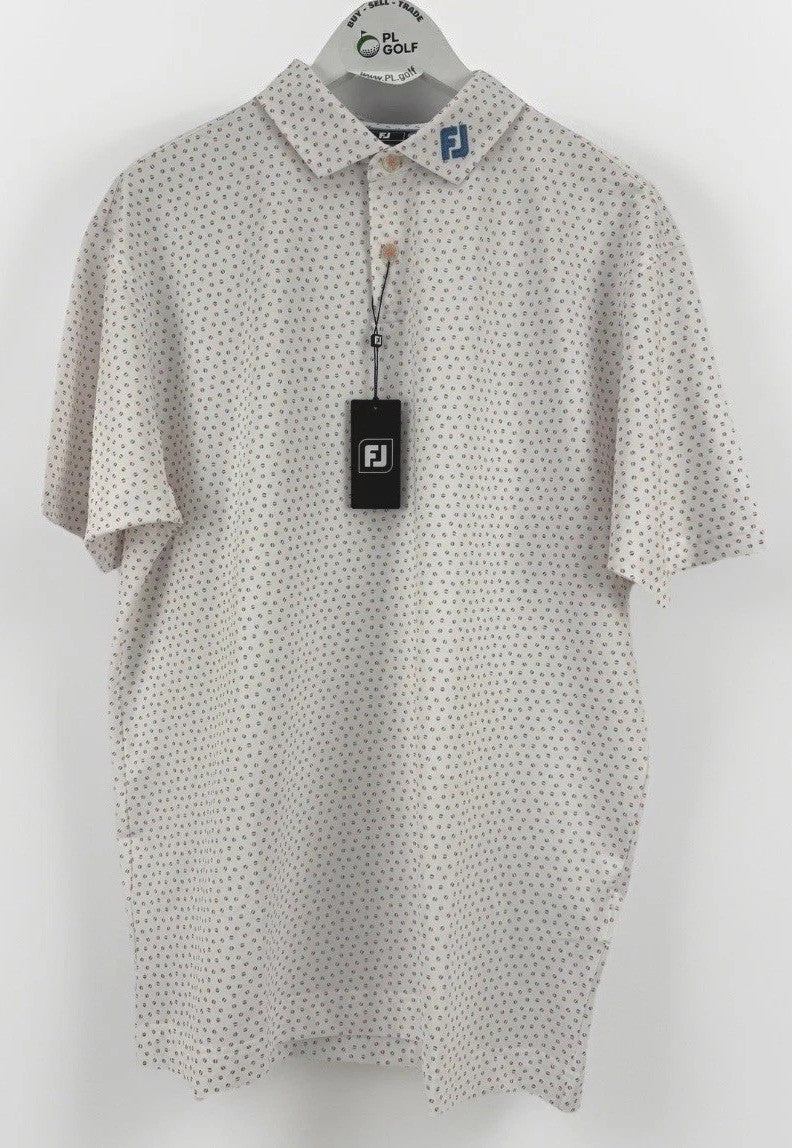 FootJoy Bounce Print Pique Mens Golf Polo Shirt Size L White Orange Blue/334440