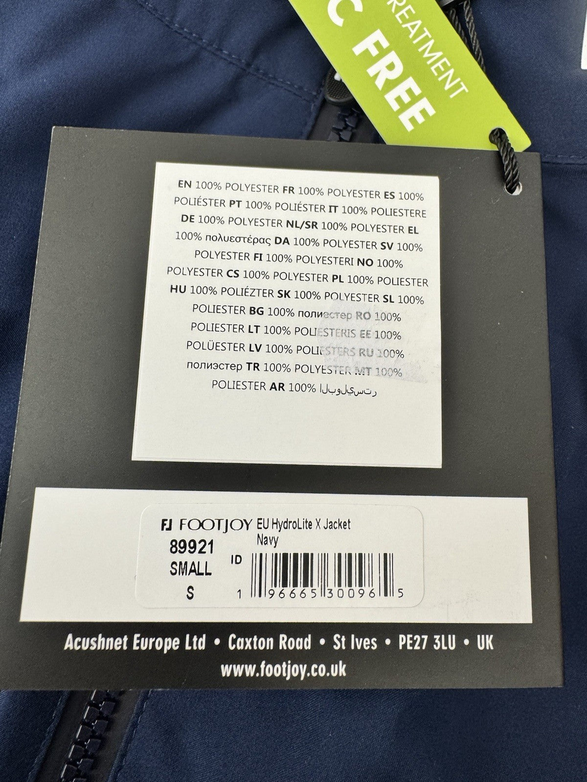 FootJoy HydroLite X Jacket Men's Small Navy Golf Rainwear PFC Free/337596