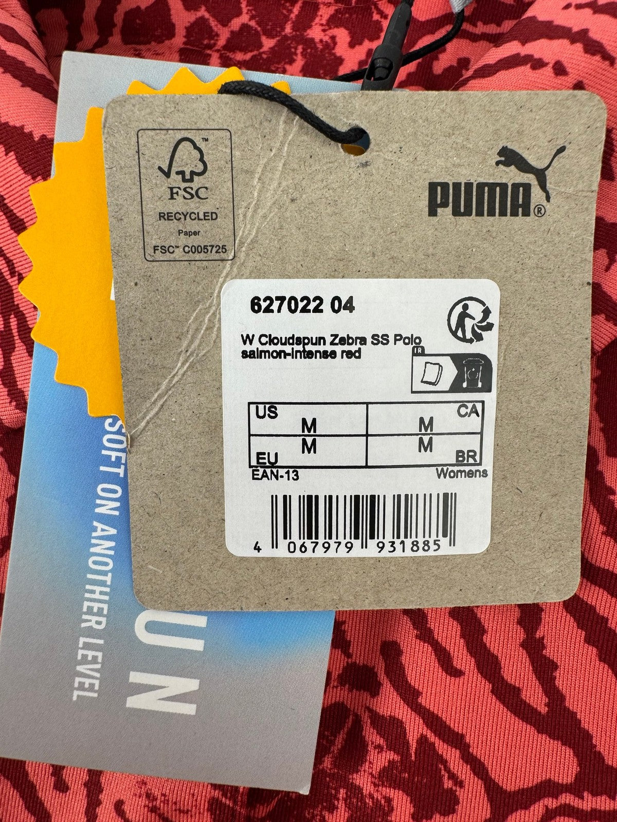 PUMA Women Cloudspun Zebra SS Polo Shirt Salmon Intense Red Size M Golf/352931