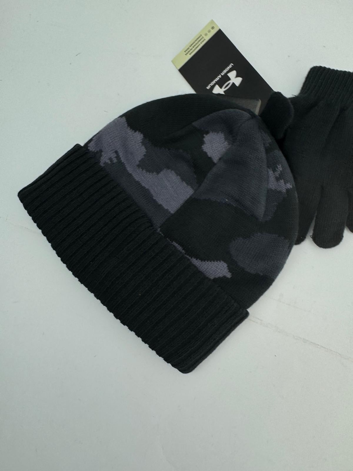 Boys Under Armour Beanie And Gloves Set Black Camouflage Kids Brand New/ 300696