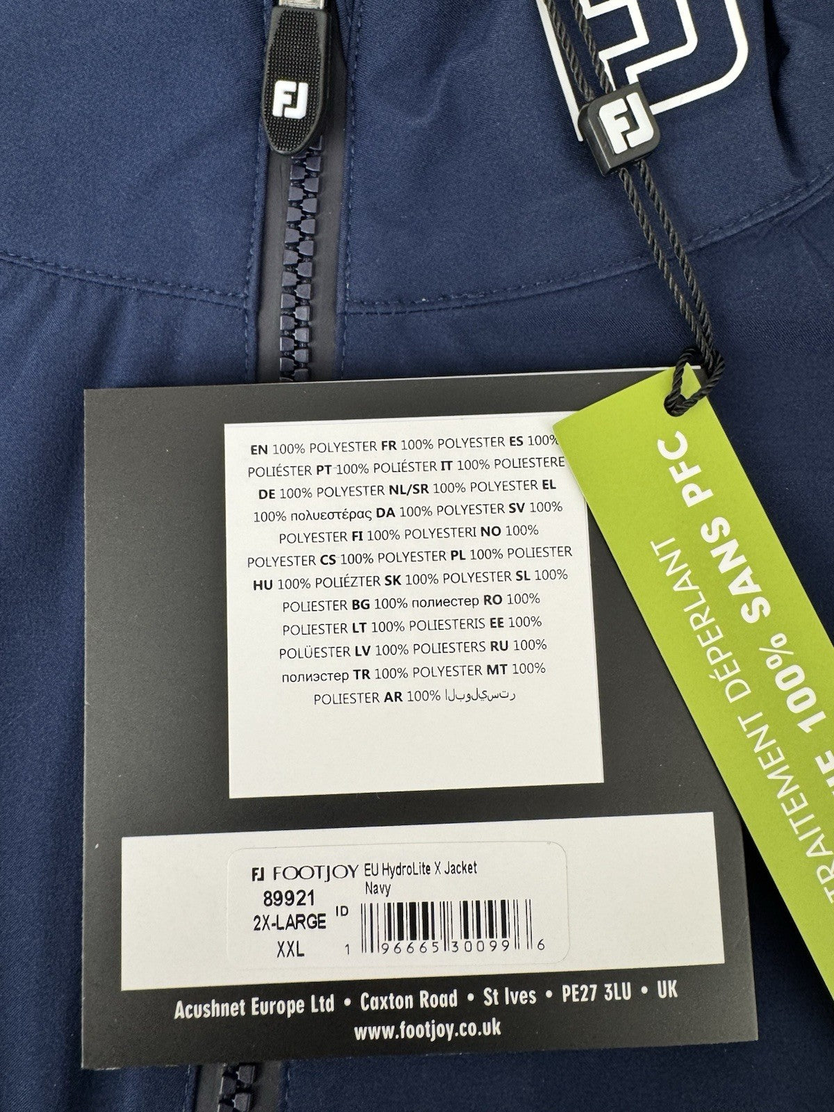 FootJoy HydroLite X Jacket Men's XXL Navy Golf Rainwear PFC Free/337456