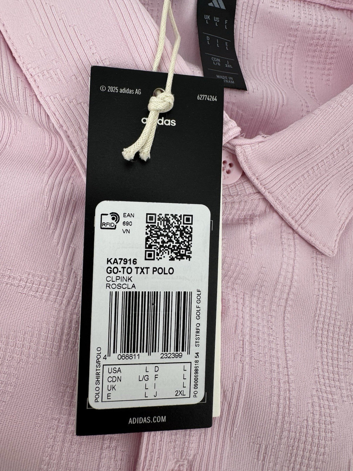 Adidas Go-To Textured Golf Polo Men's Size Large Clear Pink Short Sleeve/329388