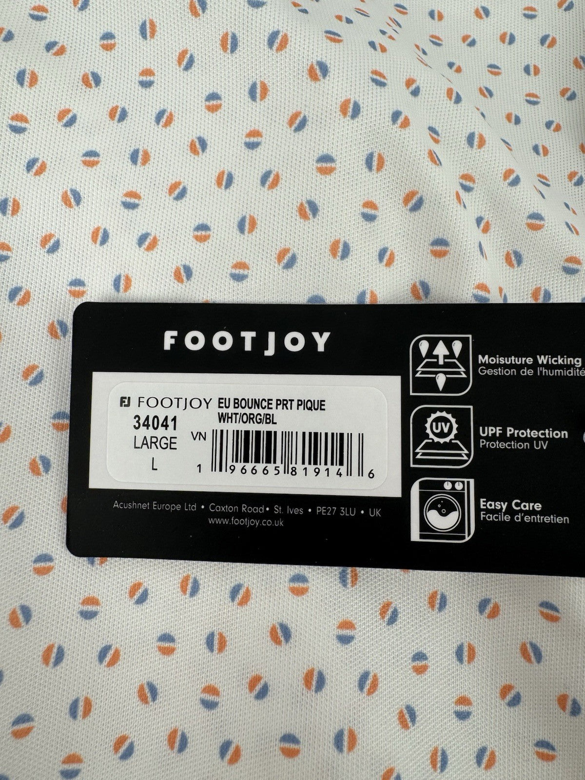 FootJoy Bounce Print Pique Mens Golf Polo Shirt Size L White Orange Blue/3376411