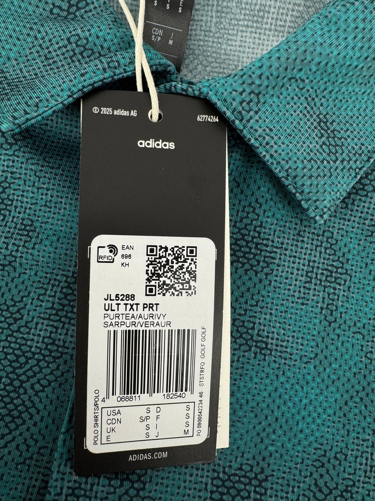 Adidas JL5288 Ultimate Textured Print Golf Polo Shirt Men's S Teal Black/329441