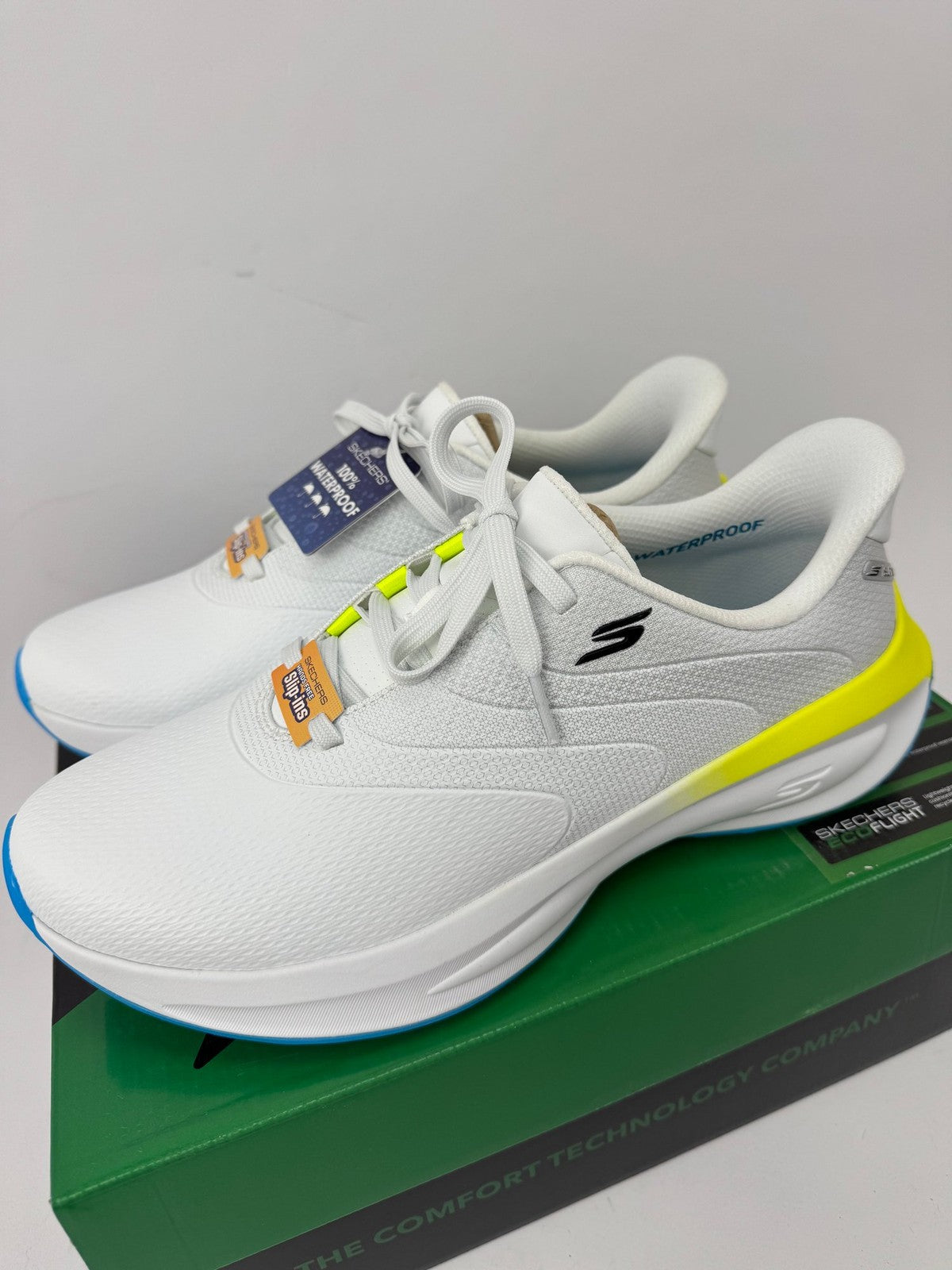 Skechers Flow Slip Ins Mens Golf Shoes UK 8 Waterproof White/Yellow/349753