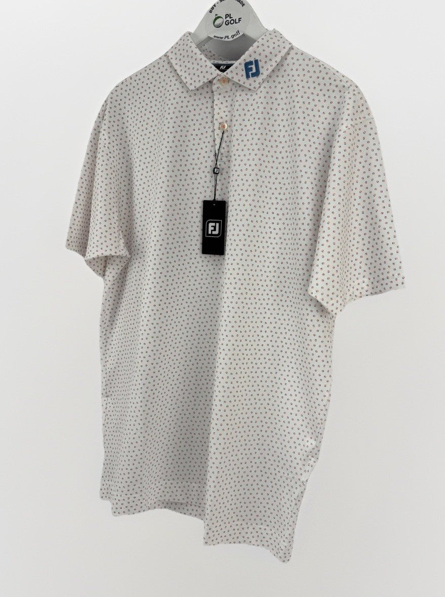 FootJoy Bounce Print Pique Mens Golf Polo Shirt Size L White Orange Blue/330451