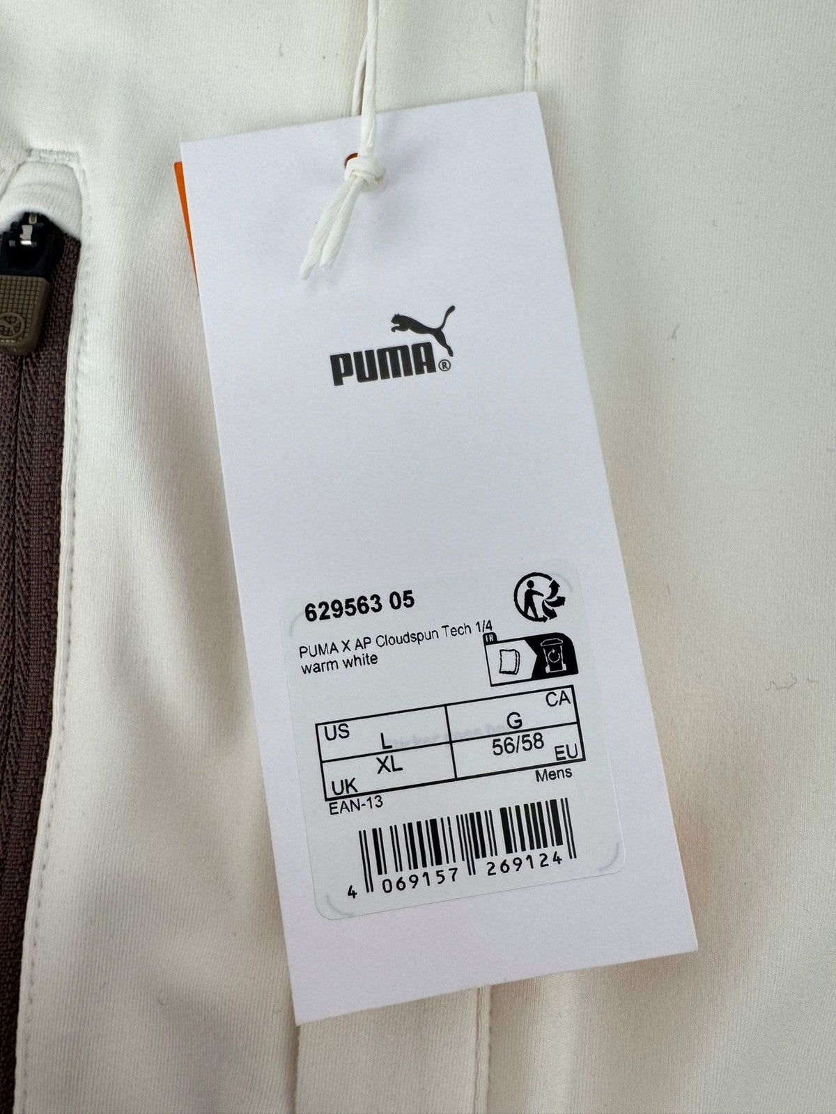 Puma X AP Cloudspun Tech 1/4 Zip Men's Pullover Size XL Warm White/365081