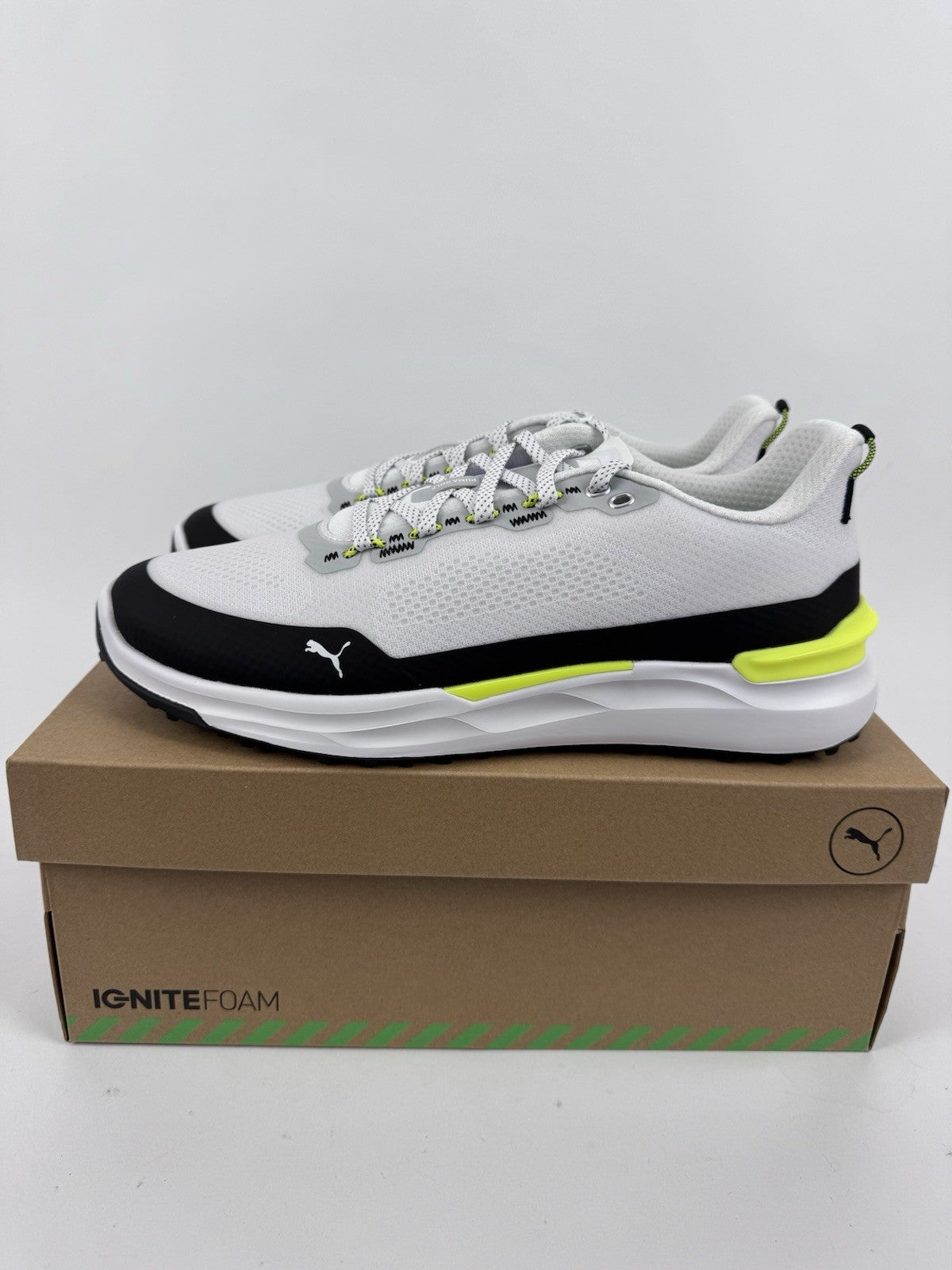 Puma IGNITE Elevate X Golf Shoes Mens Size UK 9 White Black Safety Yellow/318480