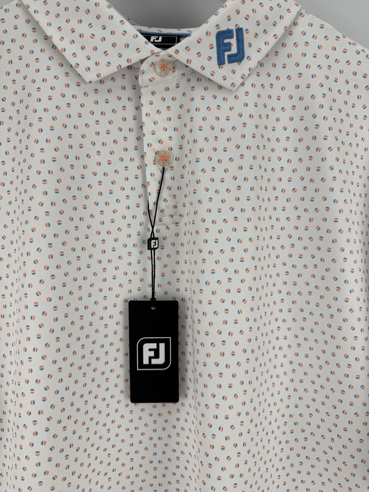 FootJoy Bounce Print Pique Mens Golf Polo Shirt Medium White Orange Blue/330474