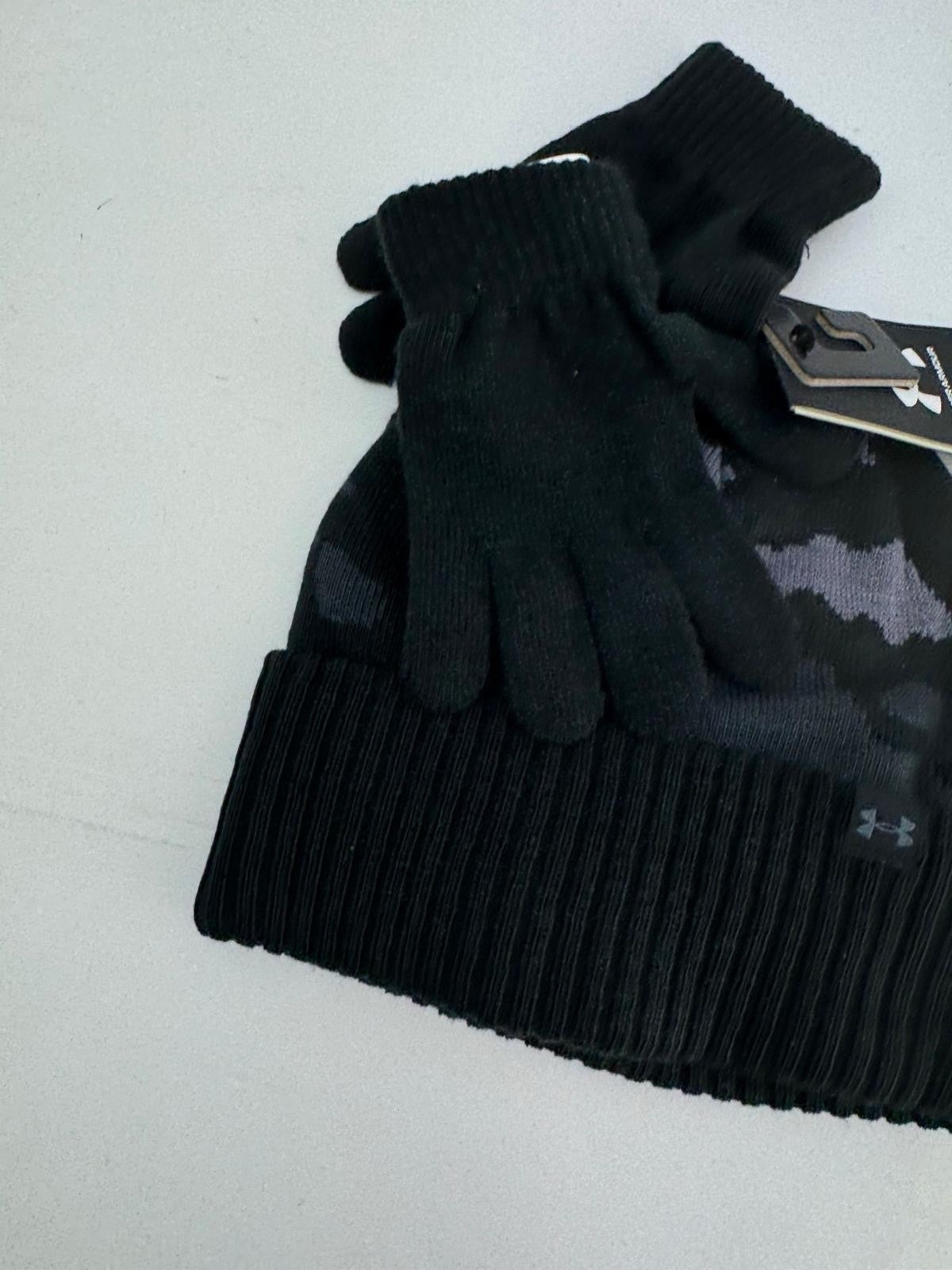 Boys Under Armour Beanie And Gloves Set Black Camouflage Kids Brand New/ 300691