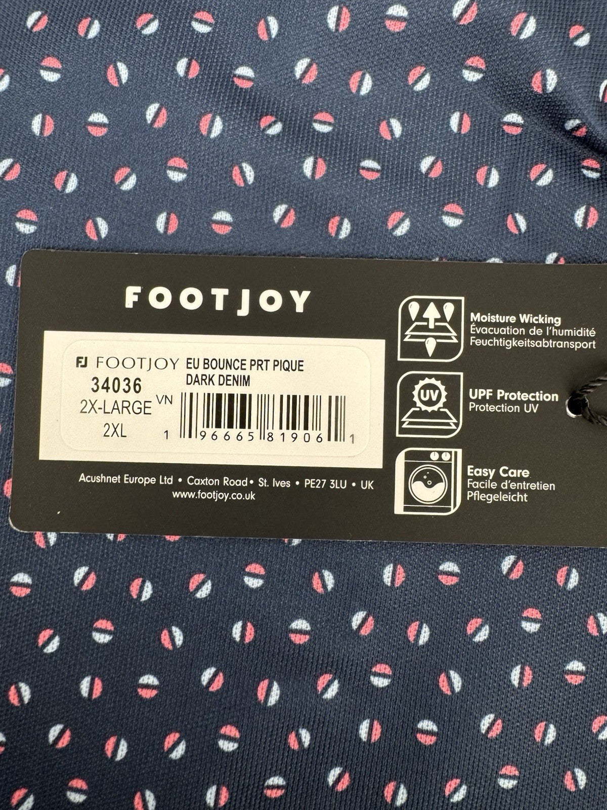 FootJoy Men’s Bounce Print Pique Polo Shirt Size 2XL Dark Denim/330657