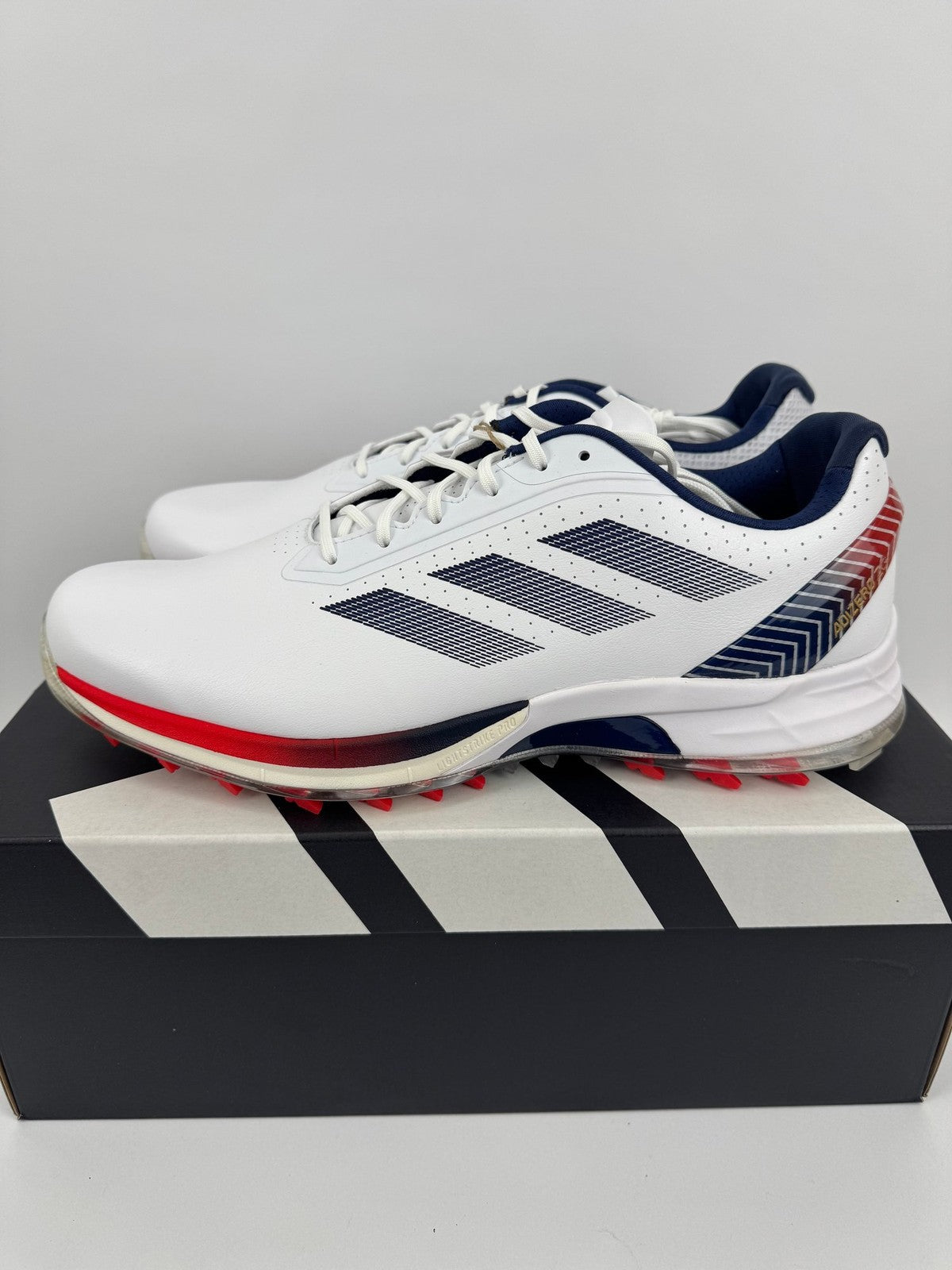 Adidas Adizero ZG Golf Shoes Men's UK 10.5 Medium White Blue Red Spikes/312510