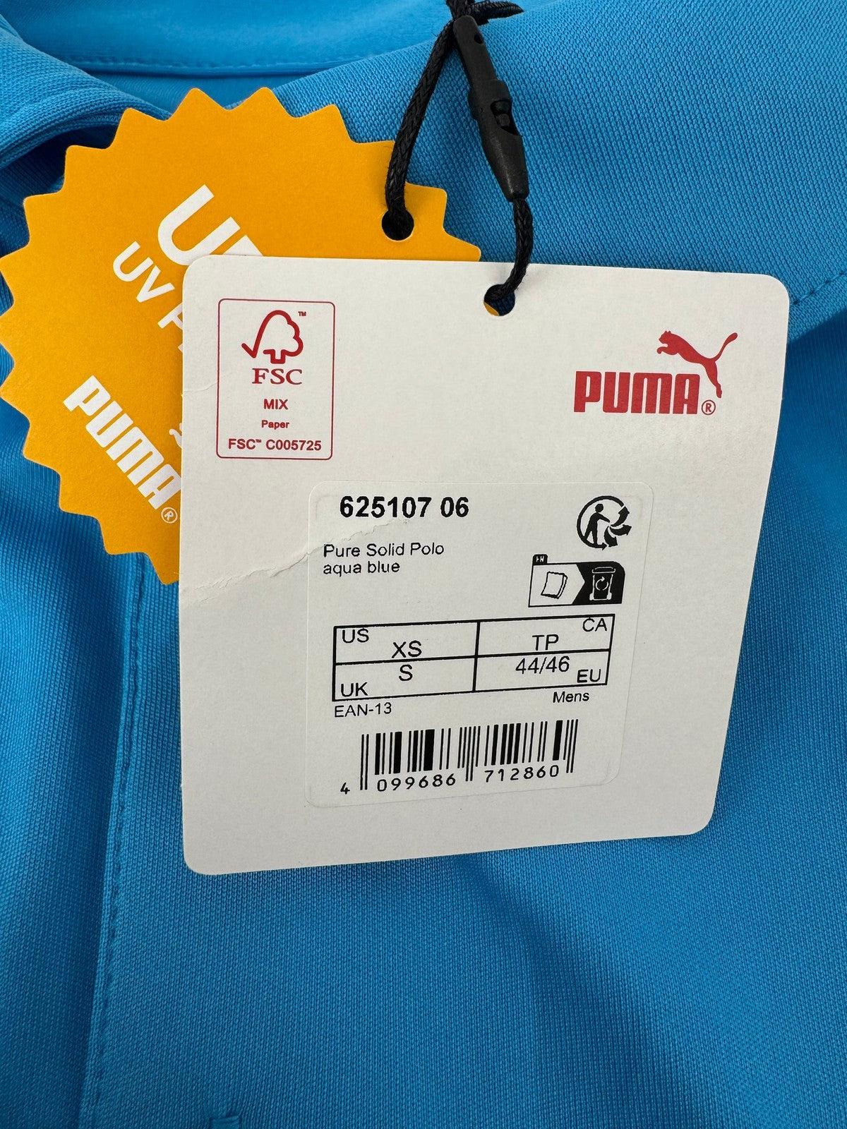 Puma Mens Pure Solid Golf Polo Size Small Aqua Blue UPF 40 UV Protection /352921