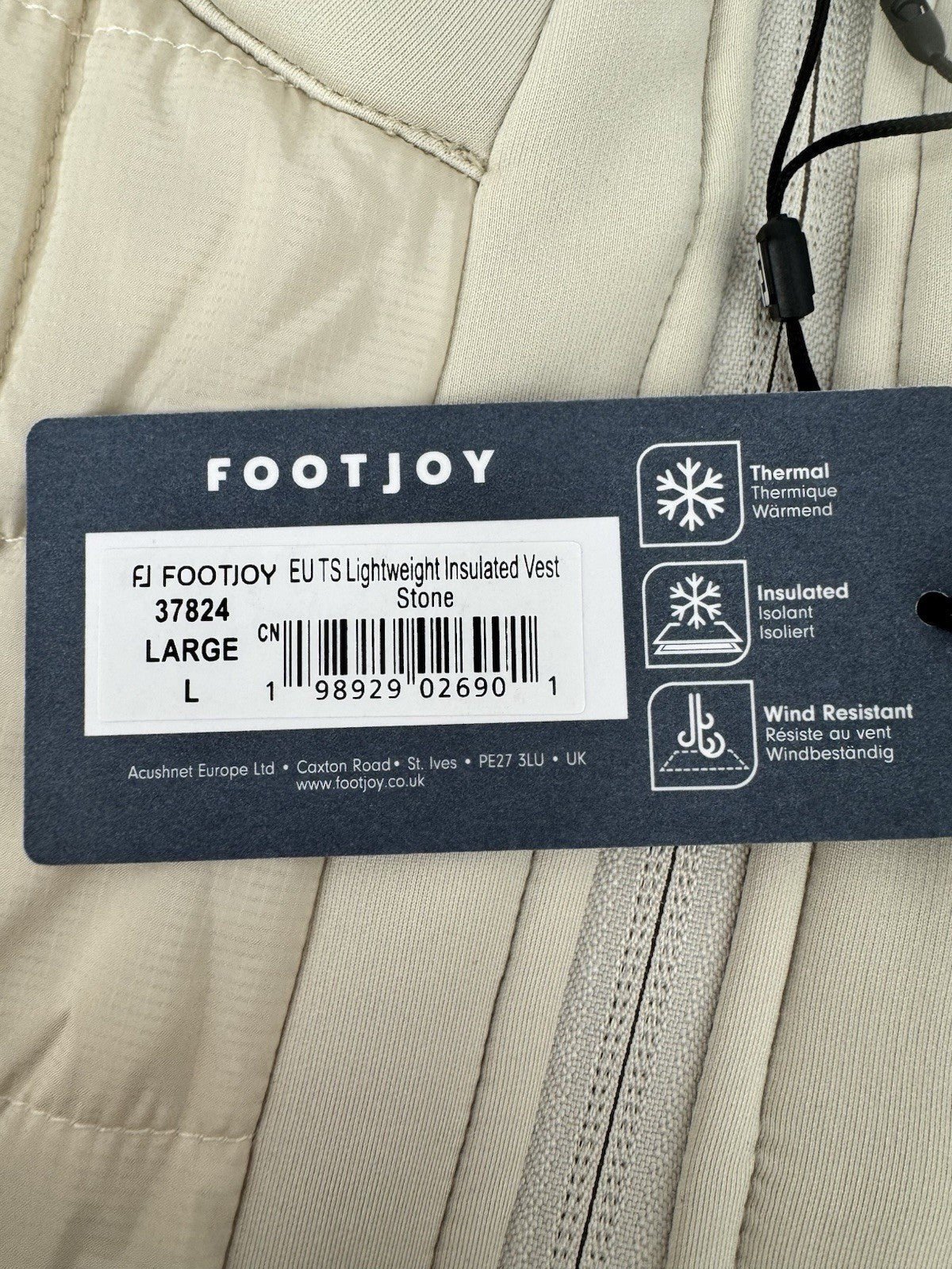 FootJoy ThermoSeries Lightweight Insulated Golf Vest Mens Size L Stone/3375412